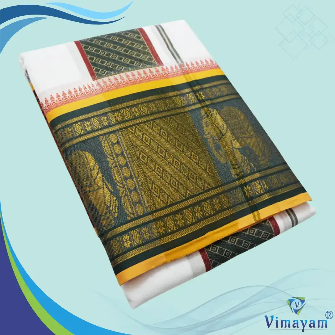 Elephant Designed 10″ Border Self White Premium Quality Dhoti 9X5