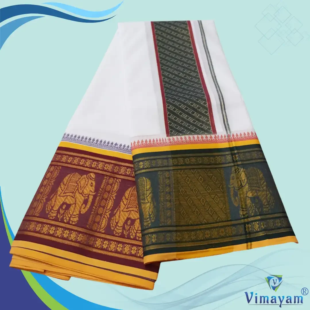 Elephant Designed 10″ Border Self White Premium Quality Dhoti 9X5 2