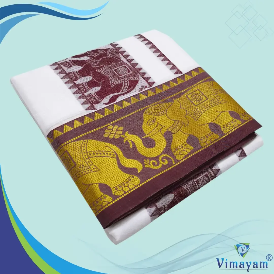 Elephant Design Embose white Premium Quality Cotton Dhoti 9X5