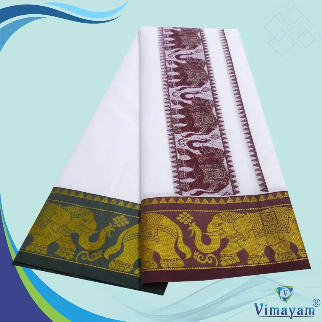 Elephant Design Embose white Premium Quality Cotton Dhoti 9X5 2