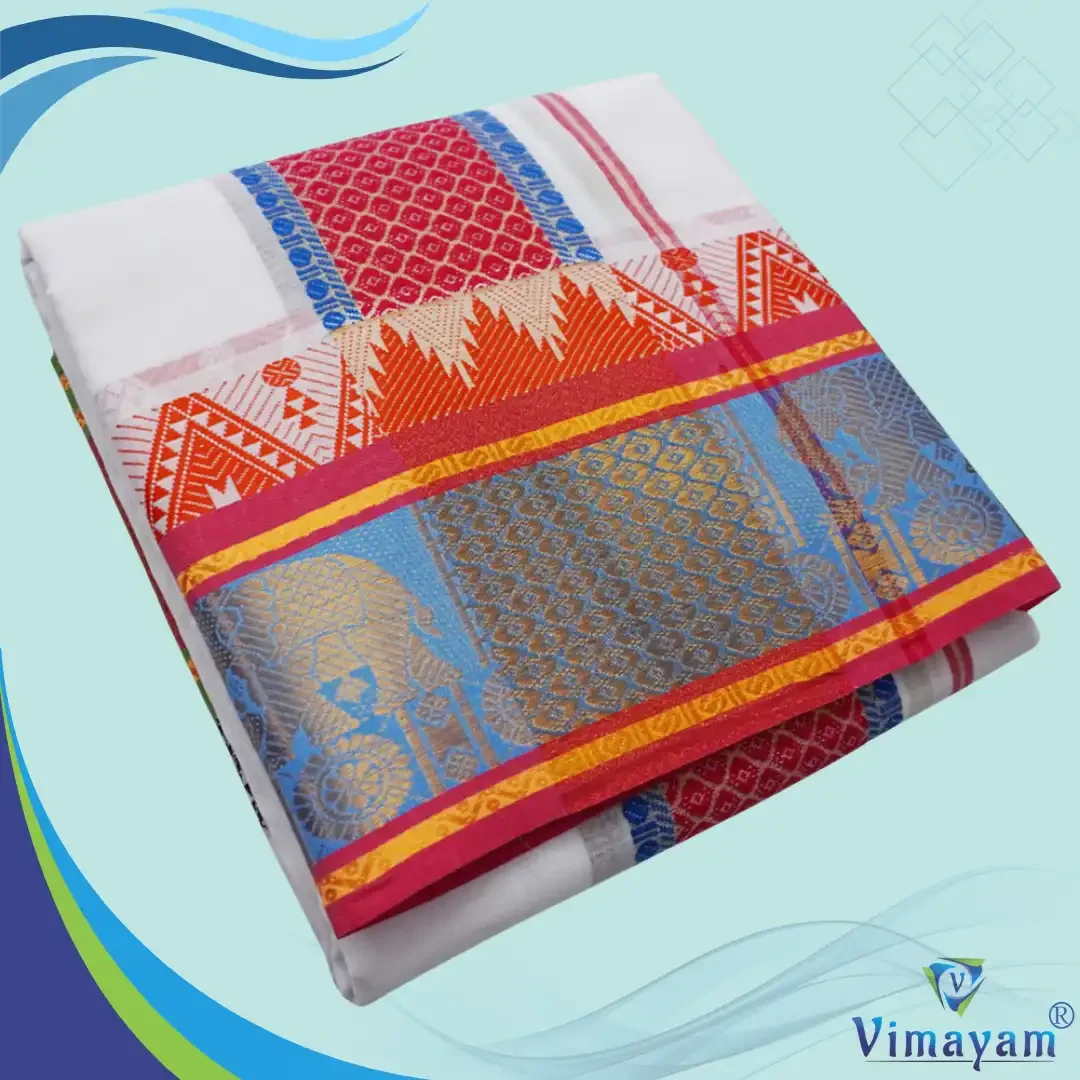 Elephant Designed 7″ Border Self White Premium quality Dhoti 9X5
