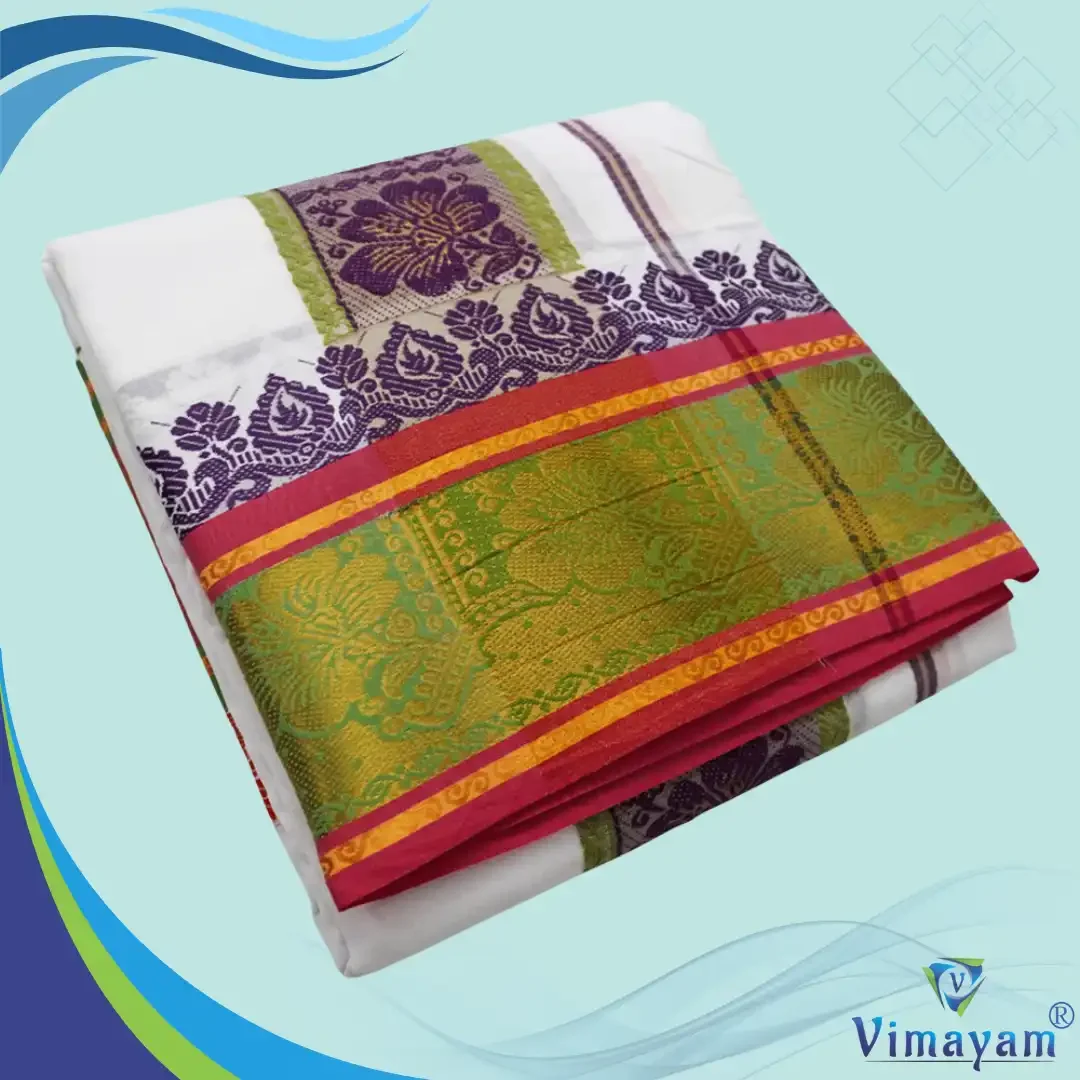 Flower Designed 7″ Border Self White Premium quality Dhoti 9X5