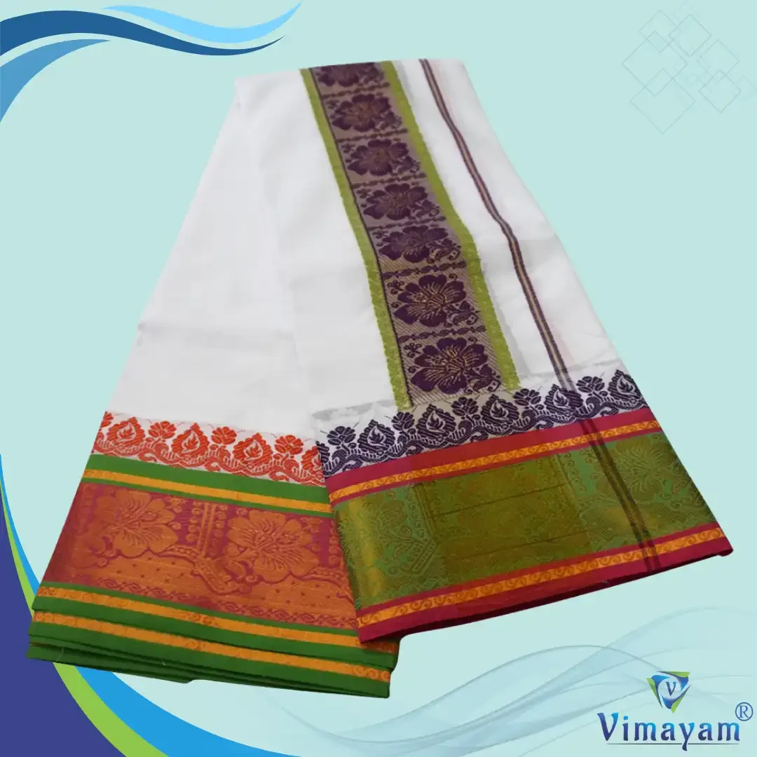 Flower Designed 7″ Border Self White Premium quality Dhoti 9X5 2