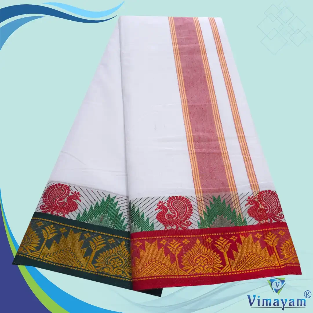 Flower Peacock Designed multicolour temple border dhoti 2