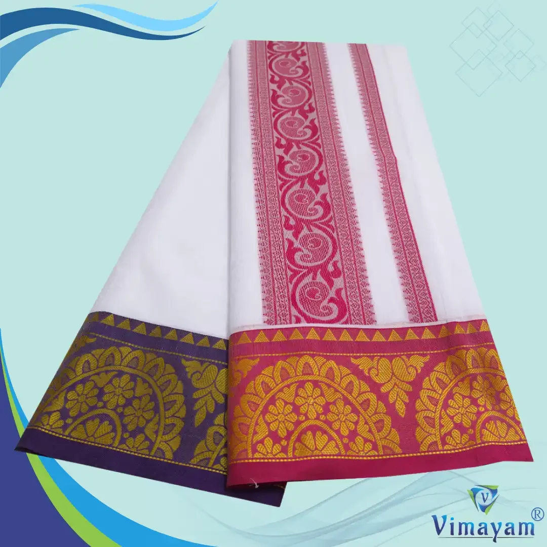Flowers Design Embose white Premium Quality Cotton Dhoti 9X5 2