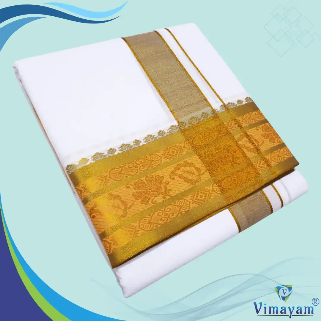 Golden Tissue Zari Border Premium Quality Cotton Dhoti 3