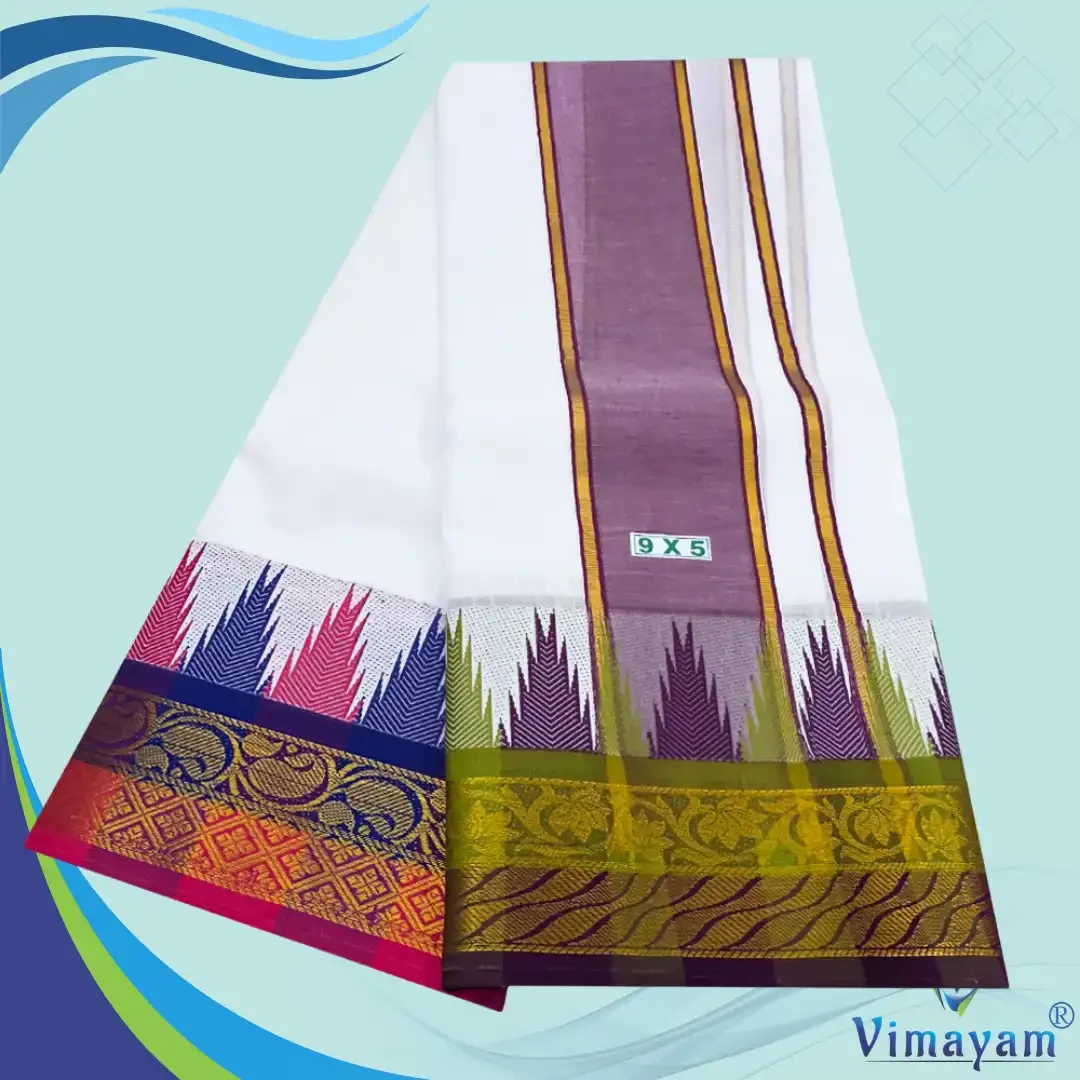 Double Colour Temple Border Premium Quality Cotton Dhoti(Assorted Borders and Colours) 2