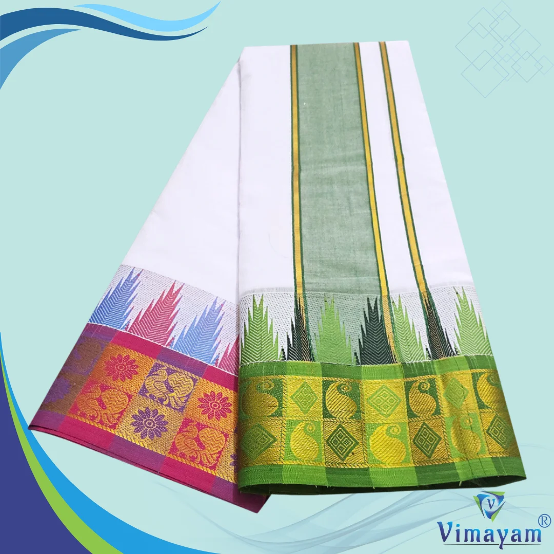 Double Colour Temple Border Premium Quality Cotton Dhoti(Assorted Borders and Colours) 3