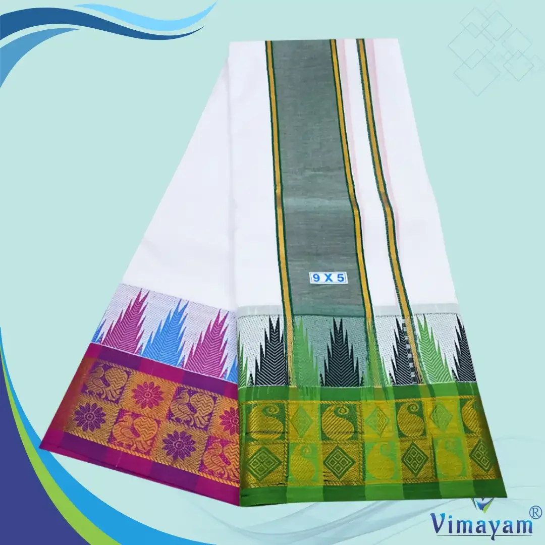 Double Colour Temple Border Premium Quality Cotton Dhoti(Assorted Borders and Colours) 4