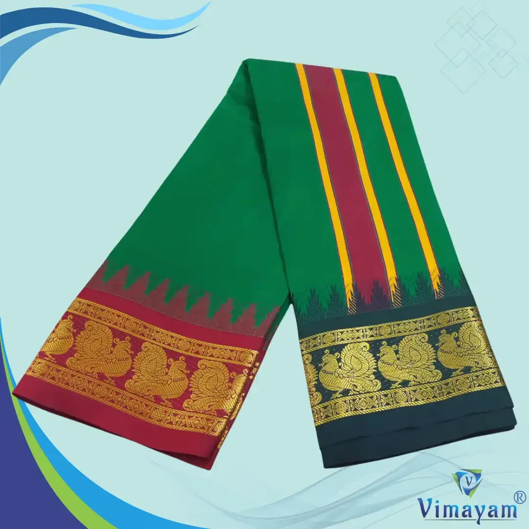Green Color Karishma Soft Silk 7 Inch Border Fine Quality Dhoti 2