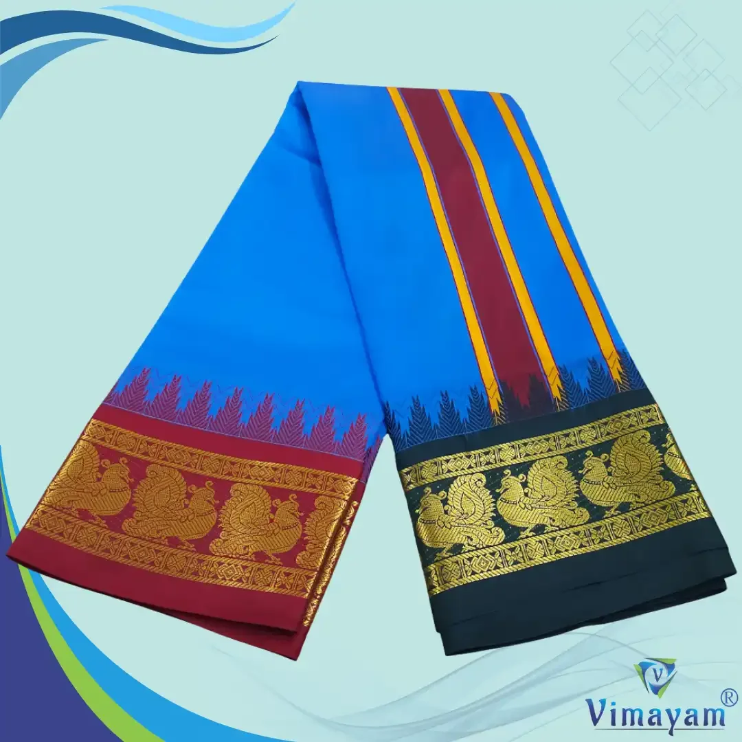 Ink Blue Color Karishma Soft Silk 7 Inch Border Fine Quality Dhoti 2
