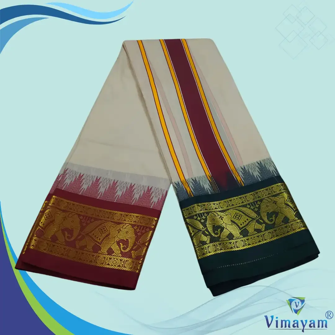 Ivory Color Karishma Soft Silk 7 Inch Border Fine Quality Dhoti 2