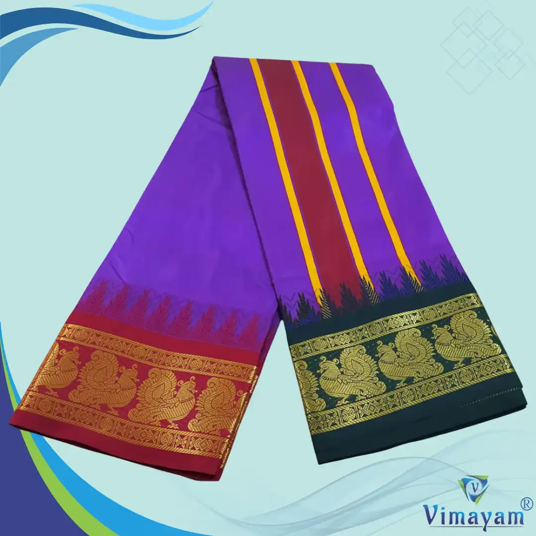 Lavender Color Karishma Soft Silk 7 Inch Border Fine Quality Dhoti 2