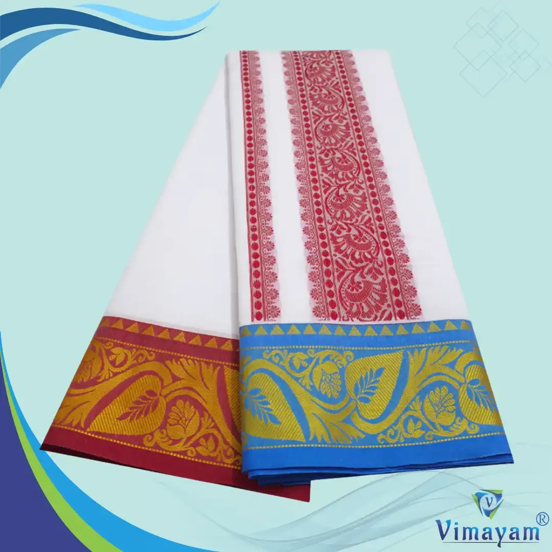 Leaf Design Embose white Premium Quality Cotton Dhoti 9X5 2