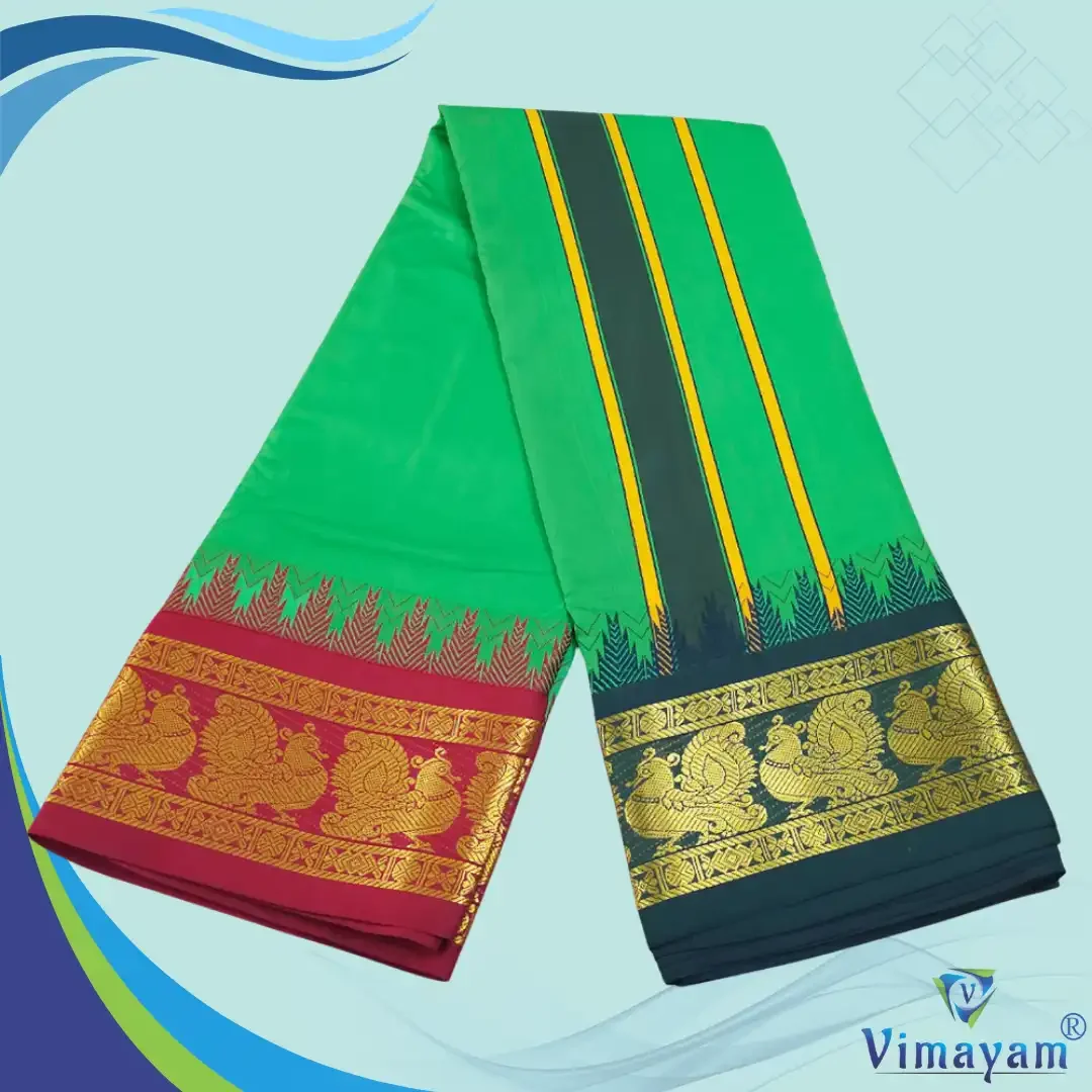 Leaf Green Color Karishma Soft Silk 7 Inch Border Fine Quality Dhoti 2
