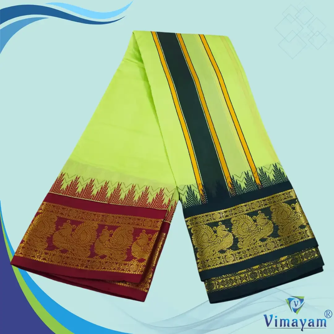 Lime Green Color Karishma Soft Silk 7 Inch Border Fine Quality Dhoti 2