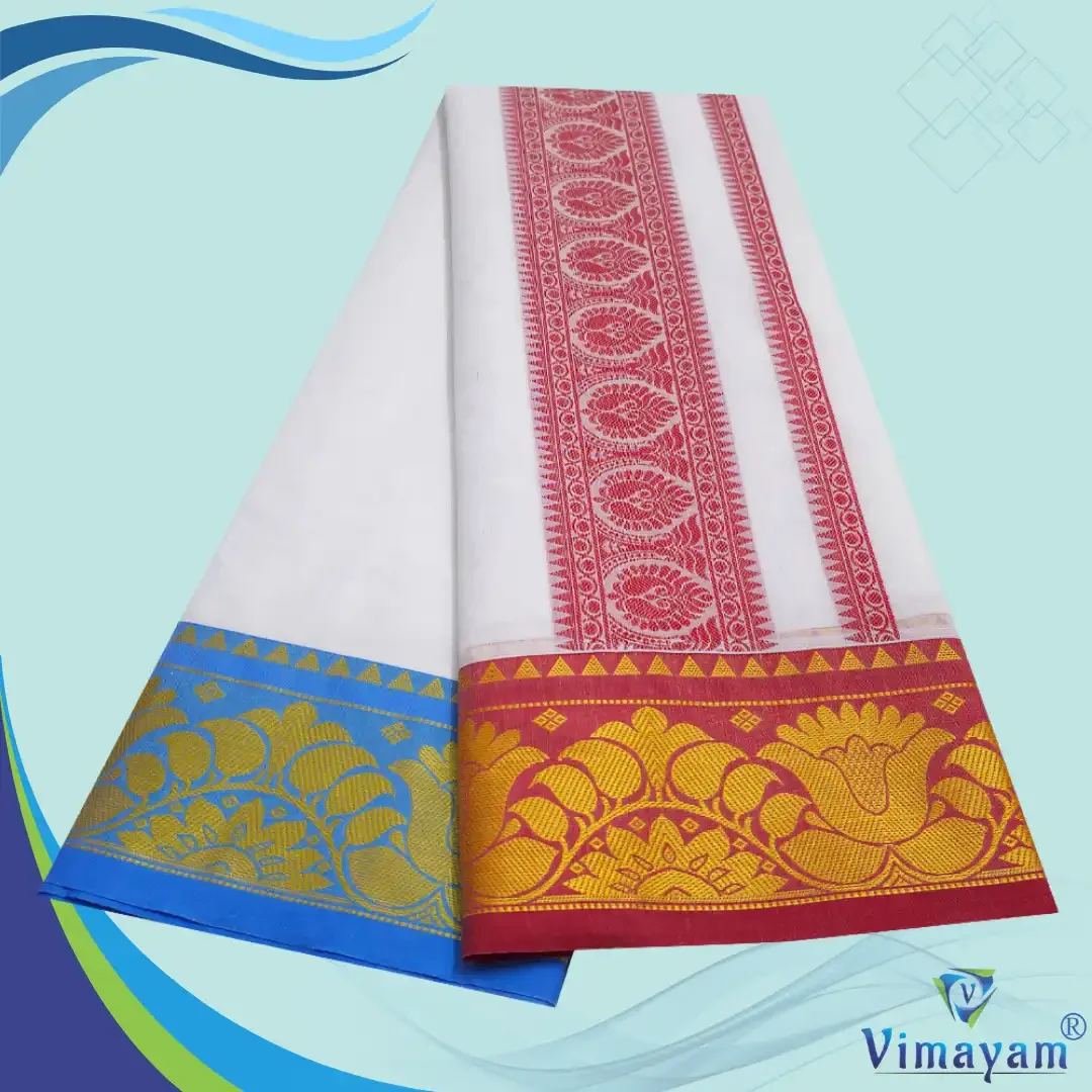 Lotus Designed Embose white Premium Quality Cotton Dhoti 9X5 2