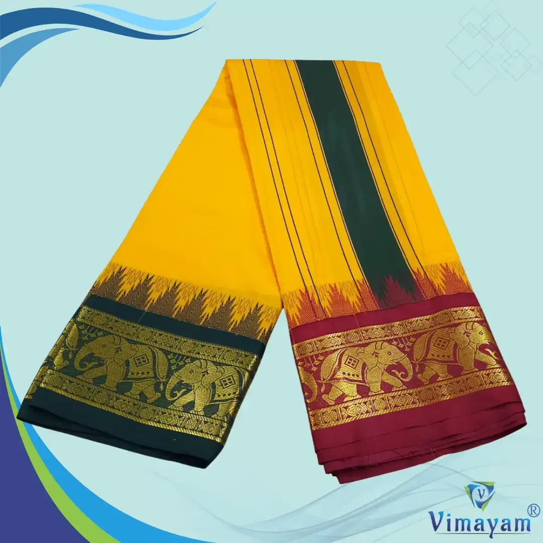 Mango Color Karishma Soft Silk 7 Inch Border Fine Quality Dhoti 2