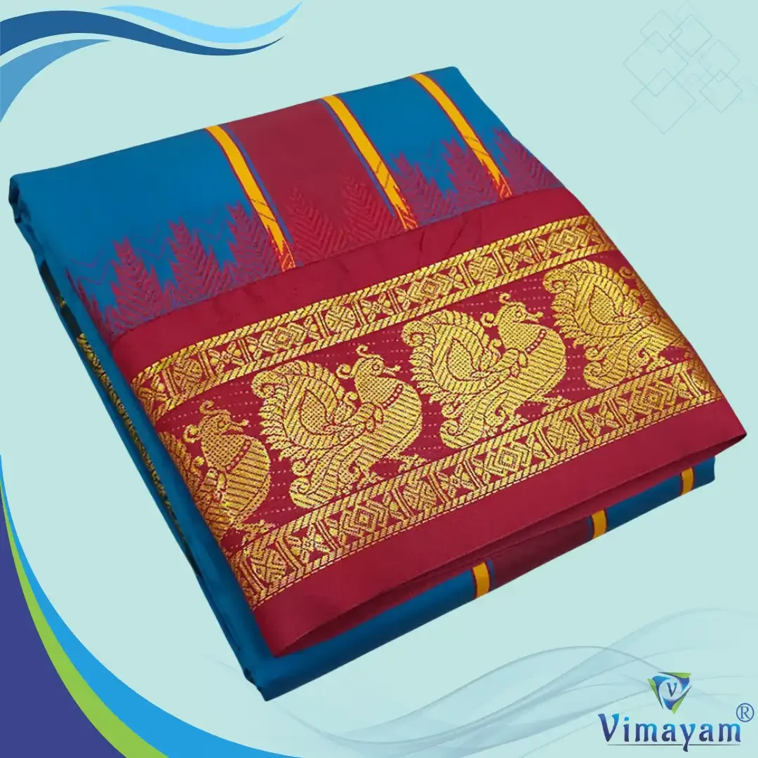 Peacock Blue Color Karishma Soft Silk 7 Inch Border Fine Quality Dhoti