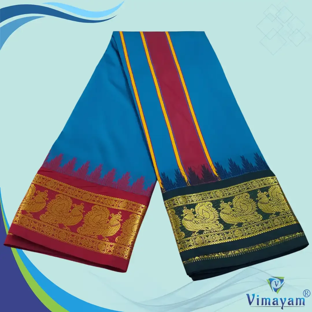 Peacock Blue Color Karishma Soft Silk 7 Inch Border Fine Quality Dhoti 2