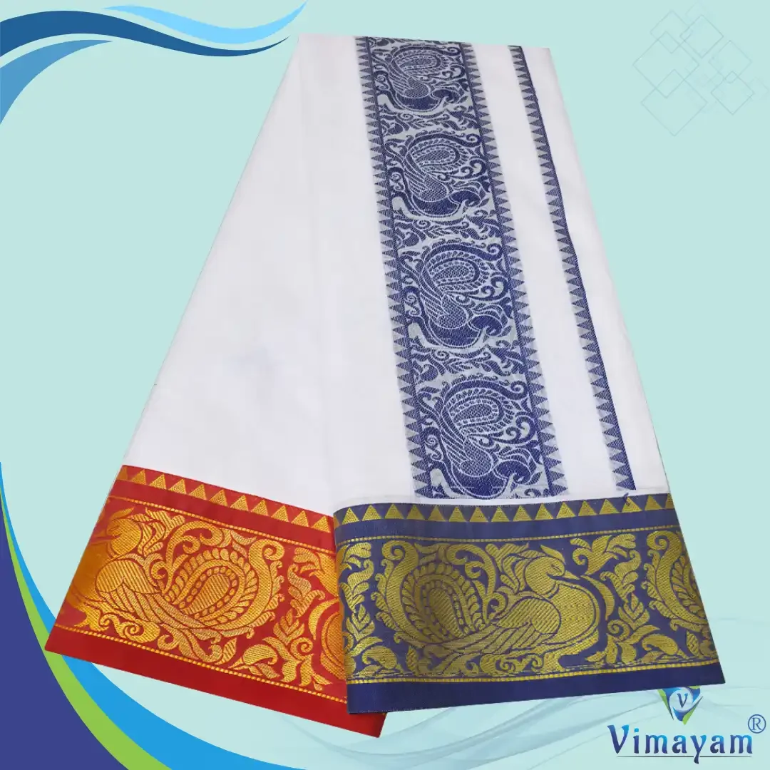 Peacock Design Embose white Premium Quality Cotton Dhoti 9X5 2