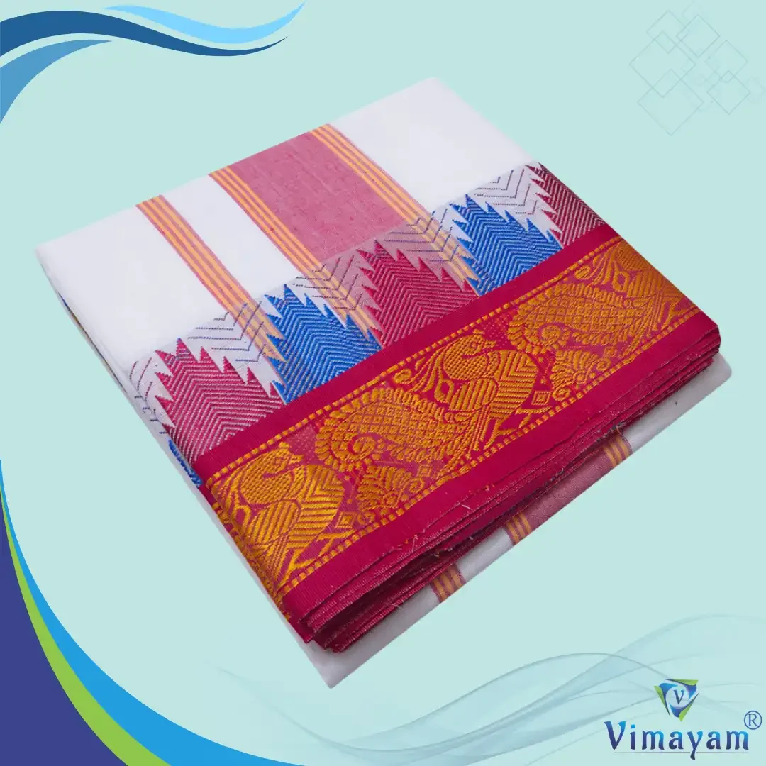Peacock Design multicolour temple border dhoti