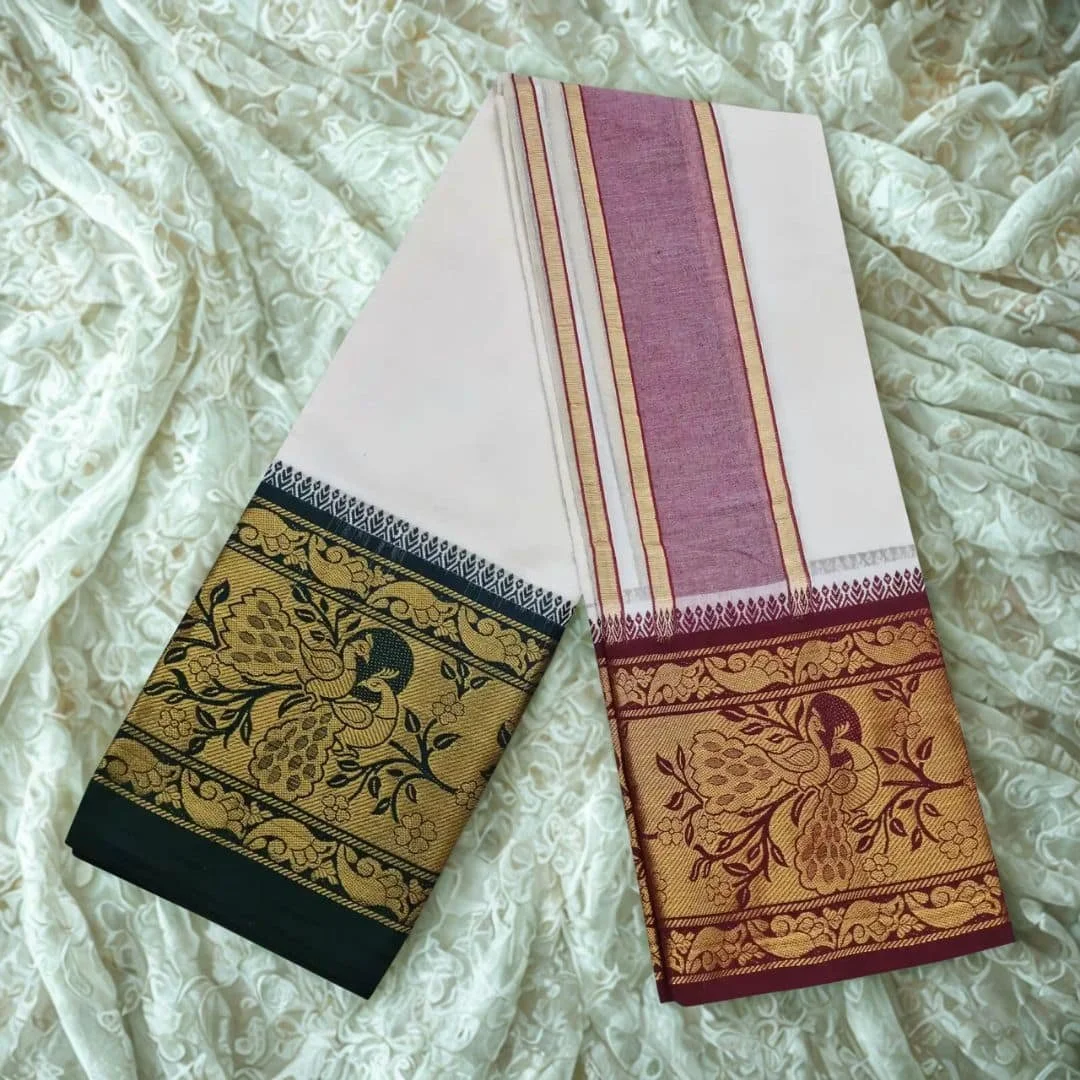 Peacock Designed 10″ Border Premium Quality Dhoti 2