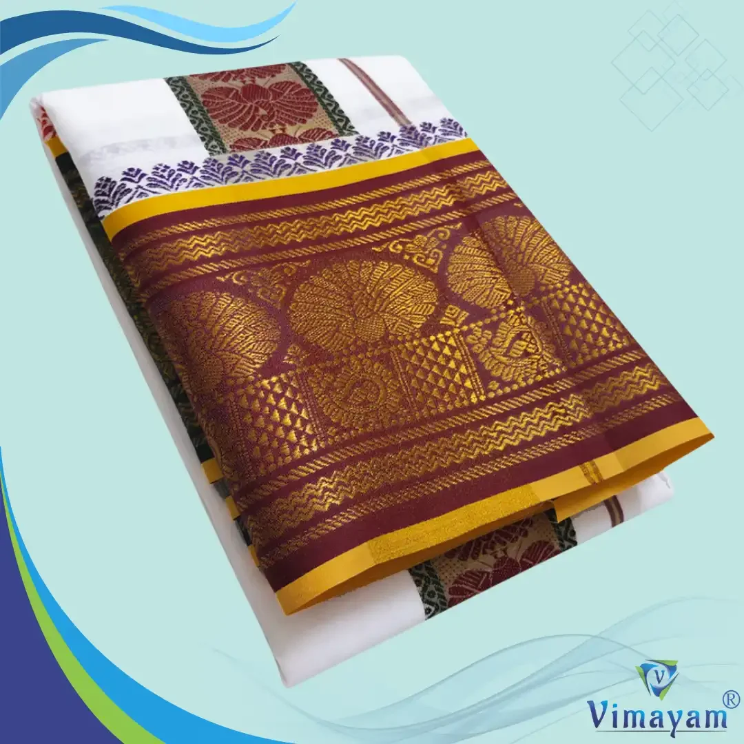 Peacock Designed 10″ Border Self White Premium Quality Dhoti 9X5
