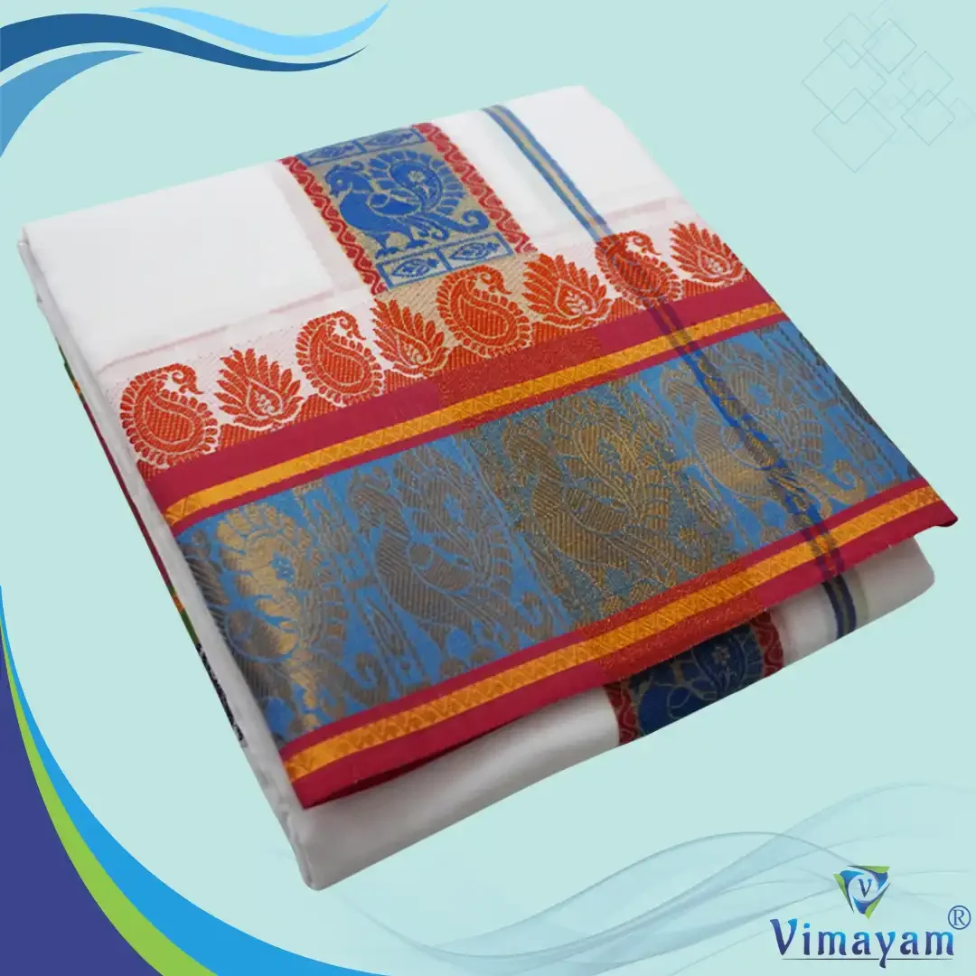 Peacock Designed 7″ Border Self White Premium quality Dhoti 9X5