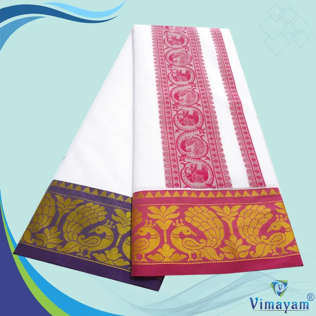 Peacock Designed Embose white Premium Quality Cotton Dhoti 9X5 2