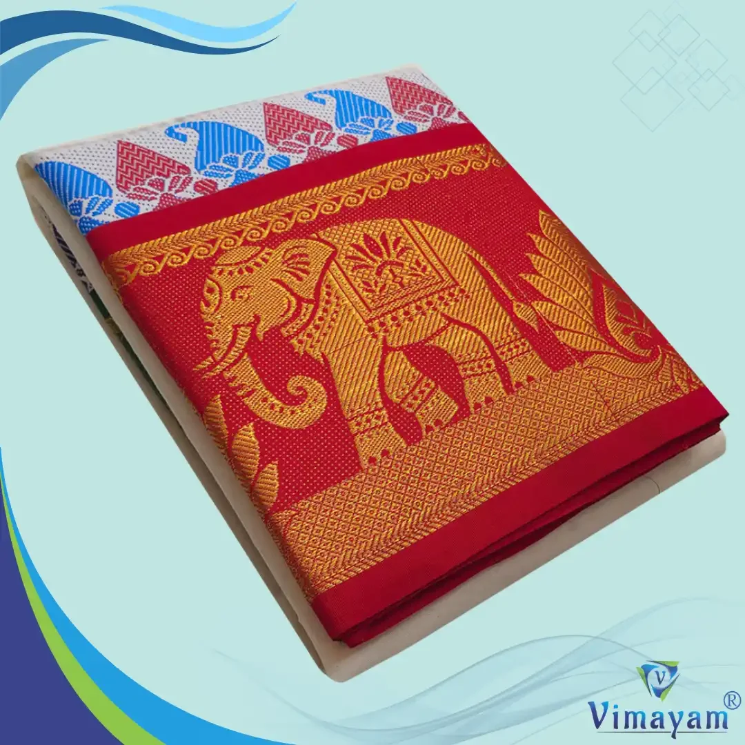 A folded dhoti with a 12-inch peacock and elephant zari border