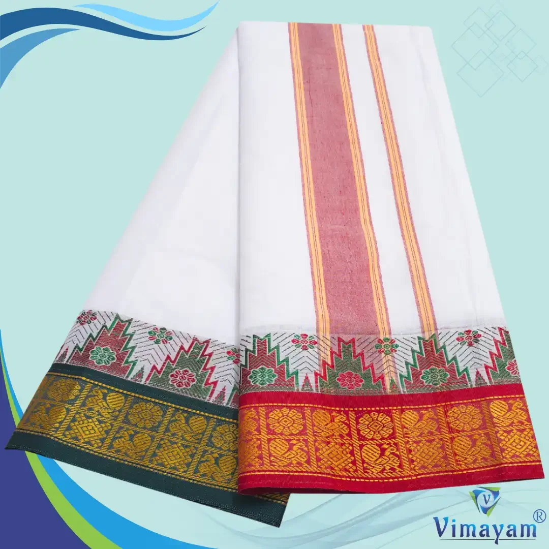 Peacock Flower Designed multicolour temple border dhoti 2