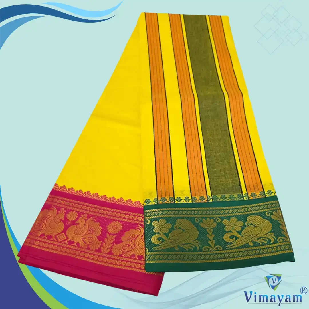 Premium Quality Assorted Border yellow Colour Sri Vaishnava Dhoti 9X5 2