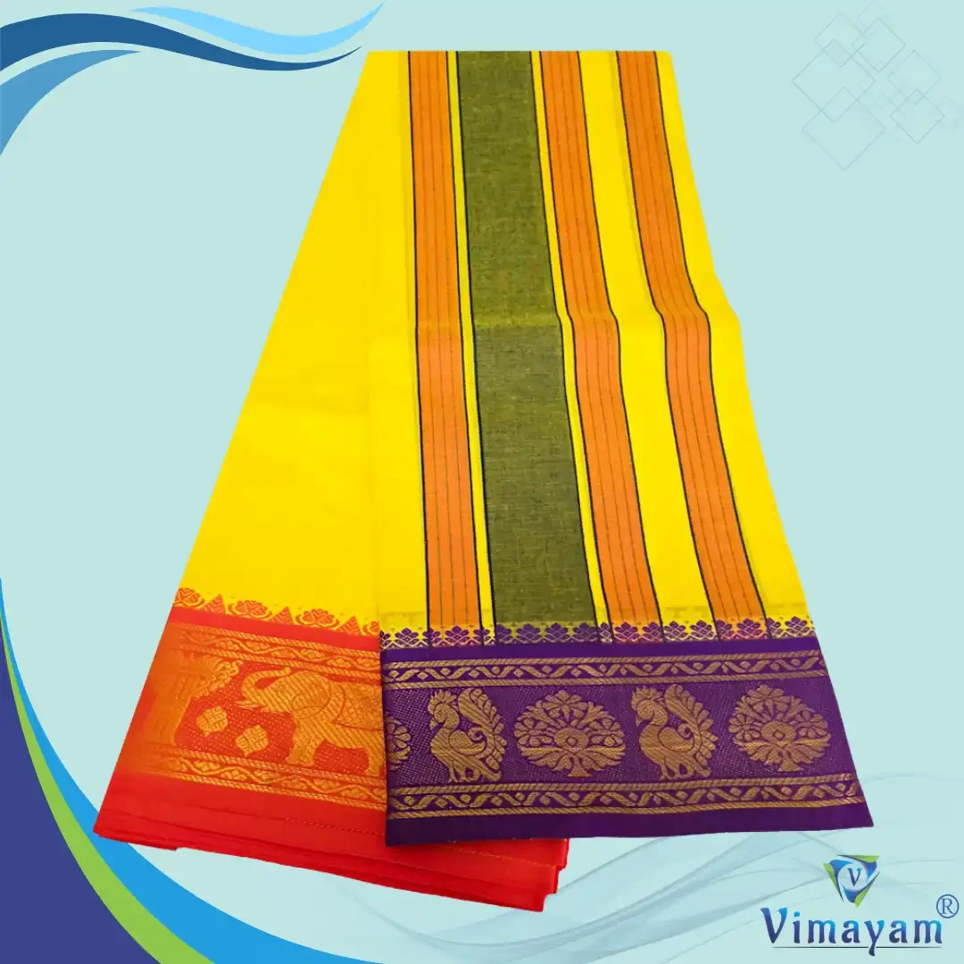 Premium Quality Assorted Border yellow Colour Sri Vaishnava Dhoti 9X5 3