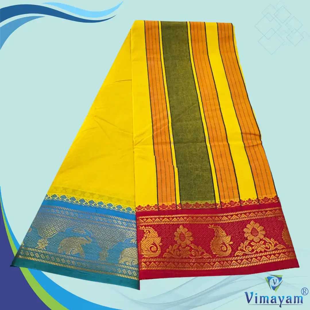 Premium Quality Assorted Border yellow Colour Sri Vaishnava Dhoti 9X5 4