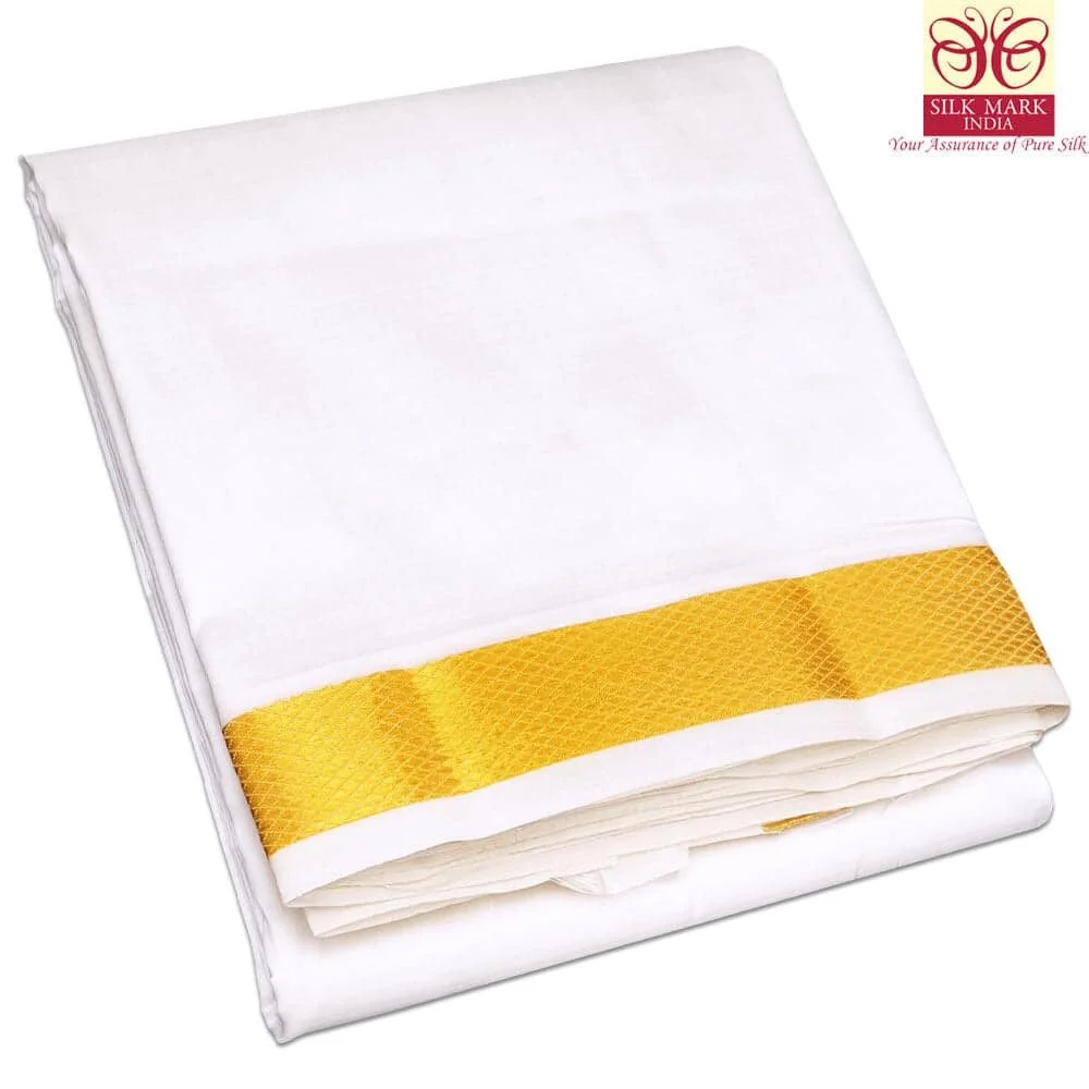 Pure Silk White Color Dhoti 1.5 Inch Golden Zari