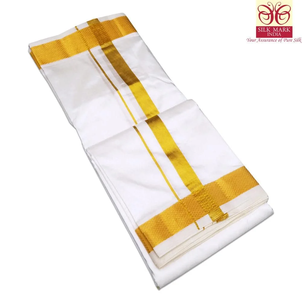 Pure Silk White Color Dhoti 1.5 Inch Golden Zari 2