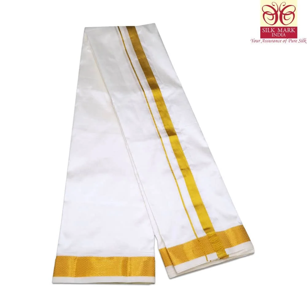 Pure Silk White Color Dhoti 1.5 Inch Golden Zari 3
