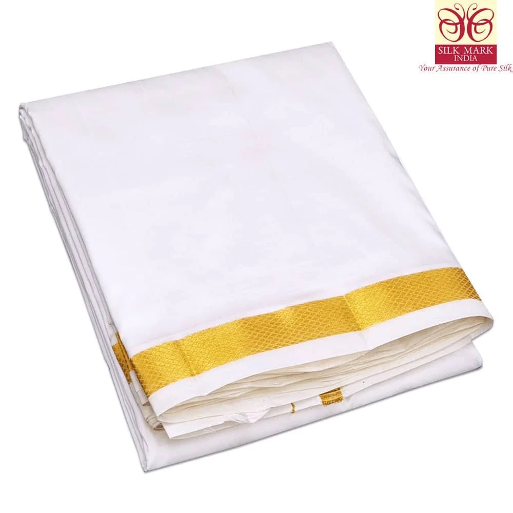 Pure Silk White Color Dhoti 1 Inch Golden Zari
