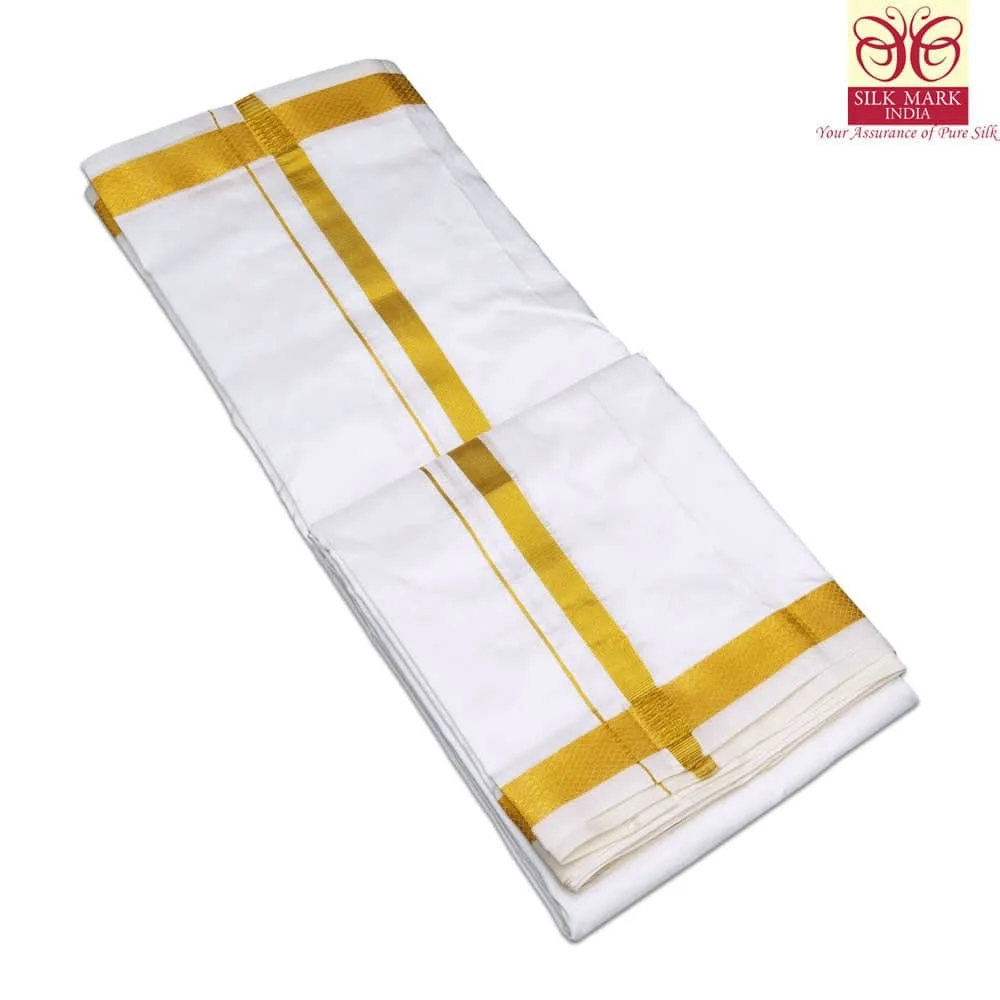 Pure Silk White Color Dhoti 1 Inch Golden Zari 2