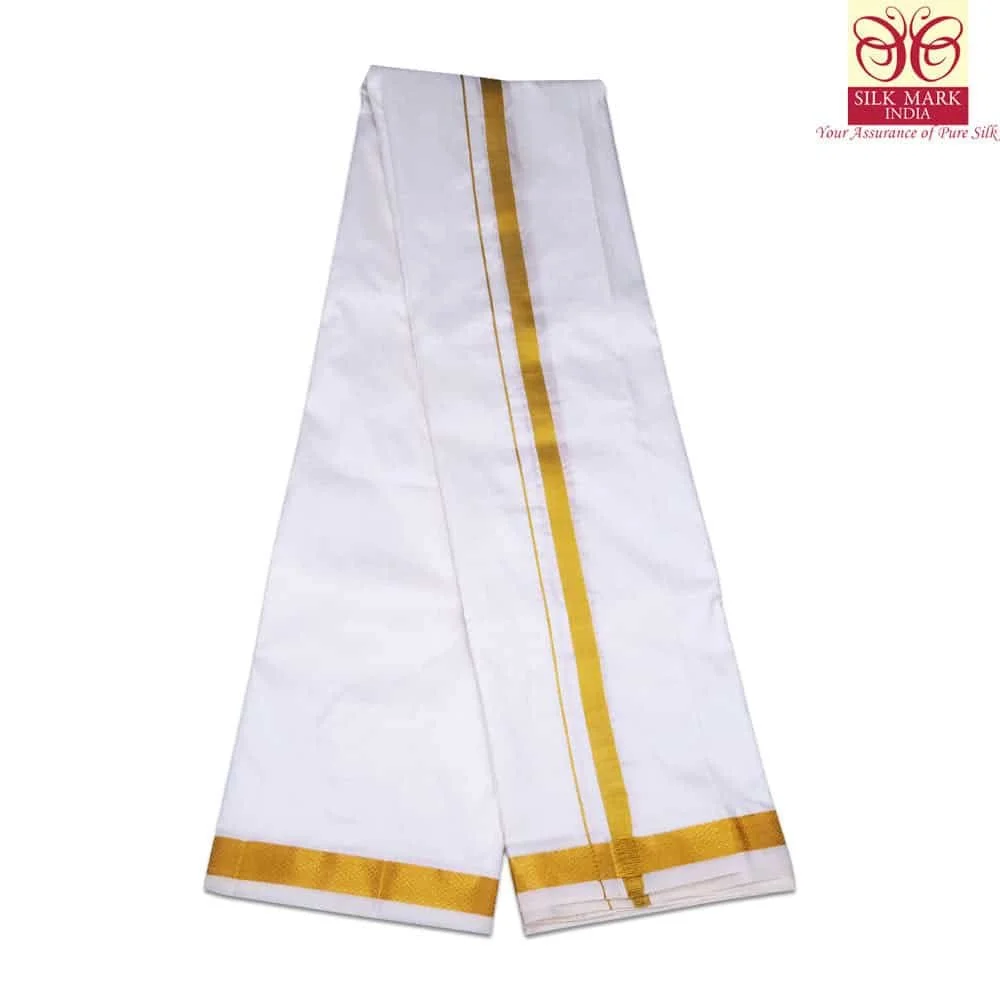 Pure Silk White Color Dhoti 1 Inch Golden Zari 3