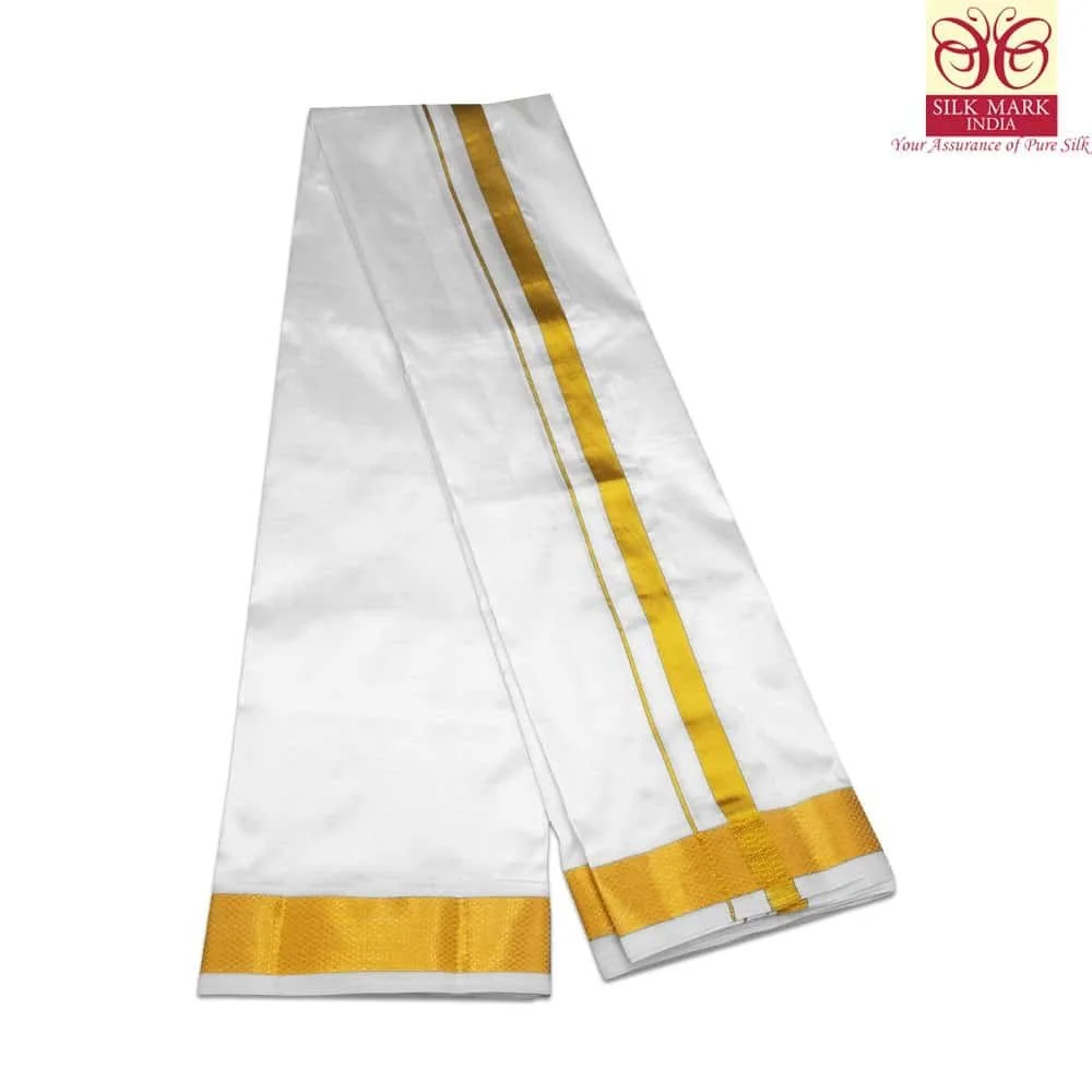 Pure Silk White Cream Color Dhoti 2 Inch Golden Zari 2