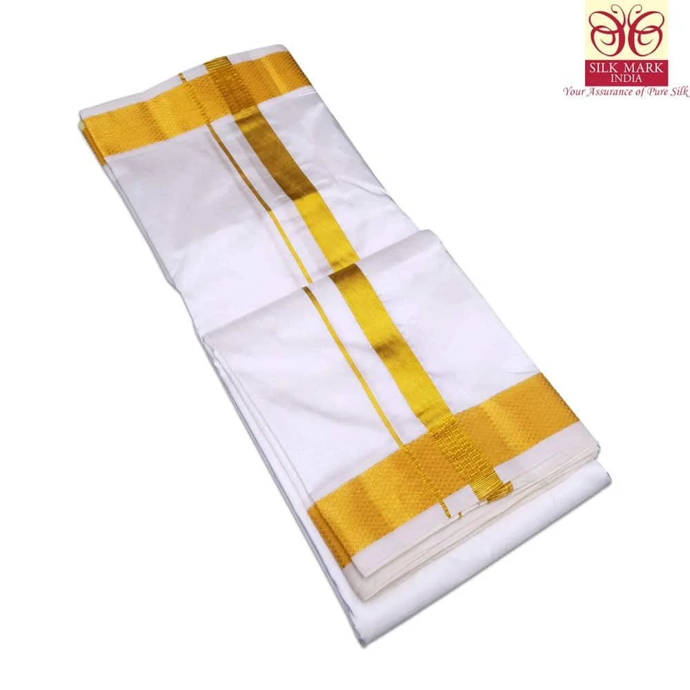Pure Silk White Cream Color Dhoti 2 Inch Golden Zari 3