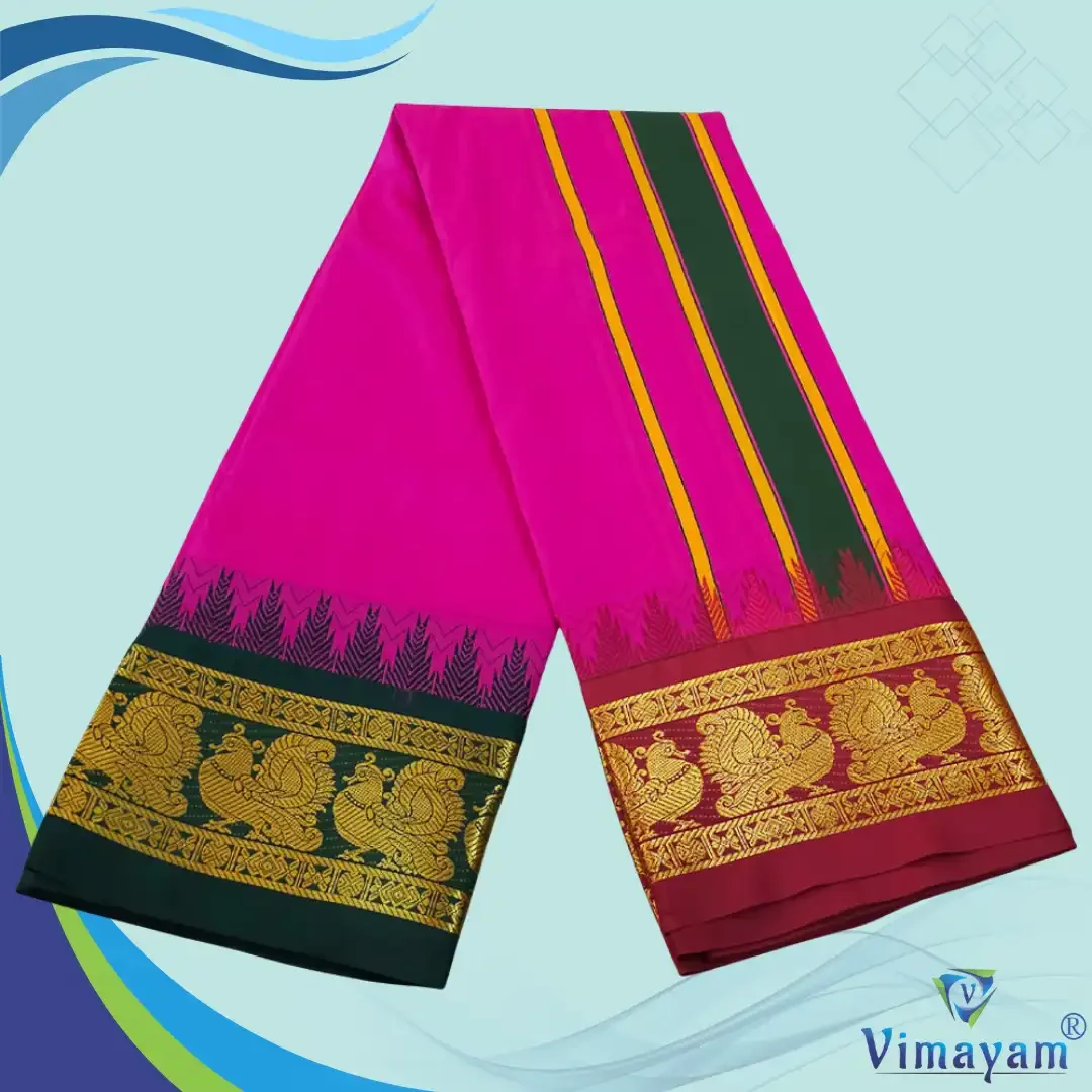 Queen Rose Color Karishma Soft Silk 7 Inch Border Fine Quality Dhoti 2