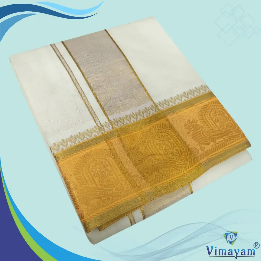 Tissue Full Golden Border 5 Inch Border Half White Quality Dhoti