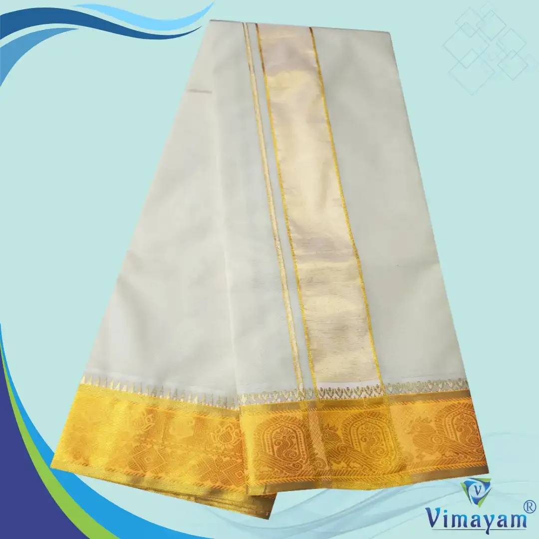 Tissue Full Golden Border 5 Inch Border Half White Quality Dhoti 3