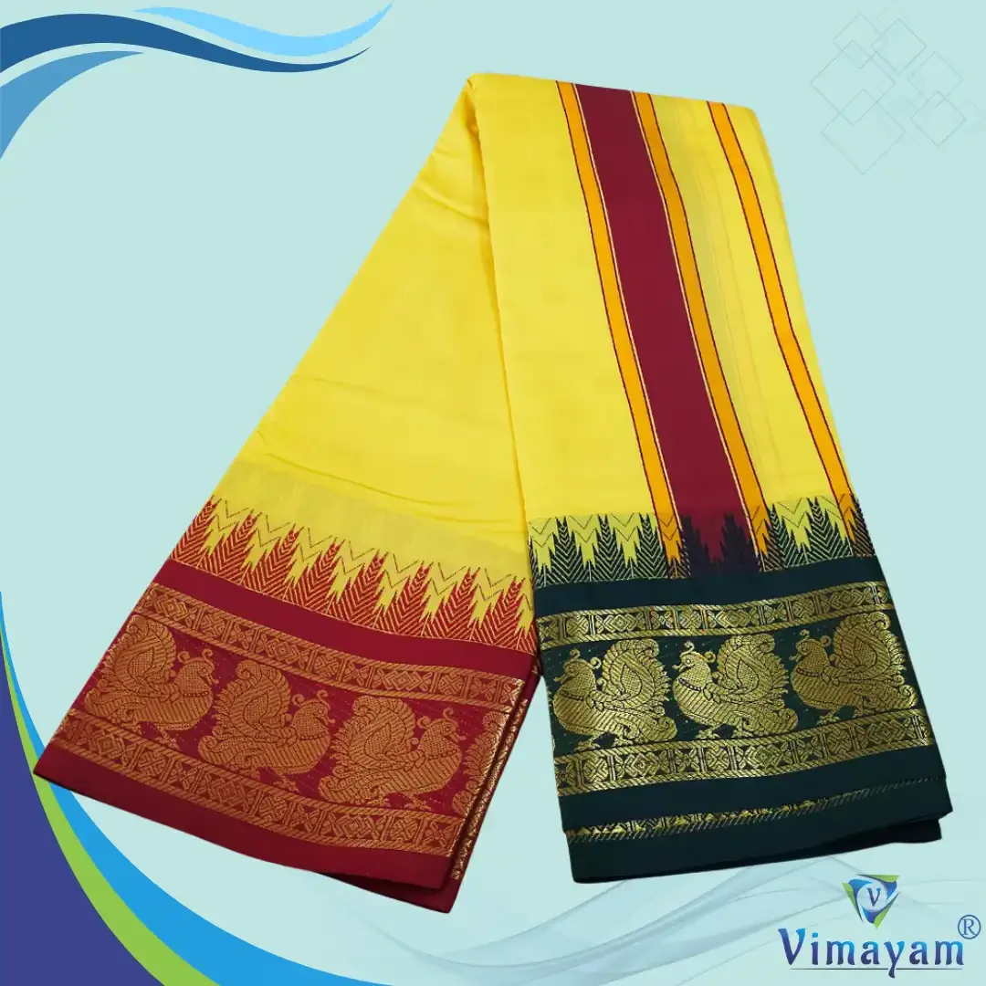 Yellow Color Karishma Soft Silk 7 Inch Border Fine Quality Dhoti 2
