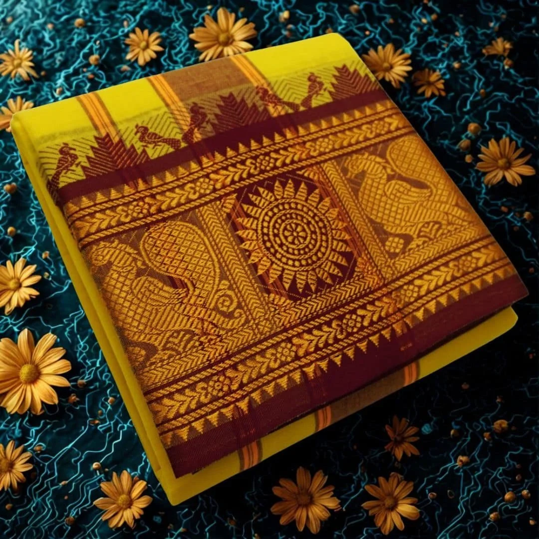 Yellow Cotton Colour Fine Quality Dhoti 8 Inch Border 3
