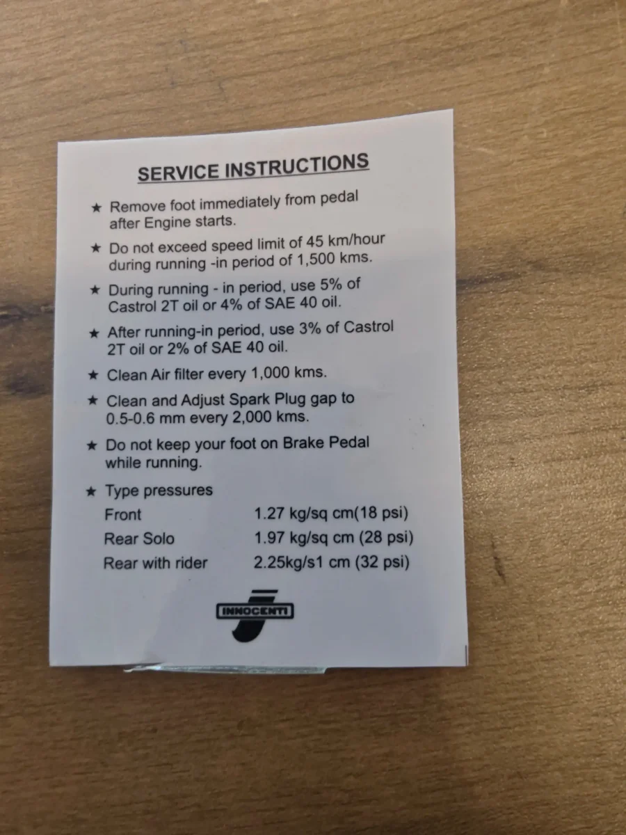 INNOCENTI SERVICE INSTRUCTION STICKER FOR LAMBRETTA 2