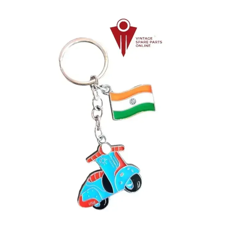 Scooter Designed Light Blue And Red Metal Keychain
